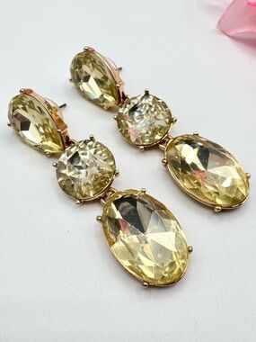 Vintage J.Crew Triple Stone Drop Earrings Pale Yellow Gold Tone Faceted Sparkly
